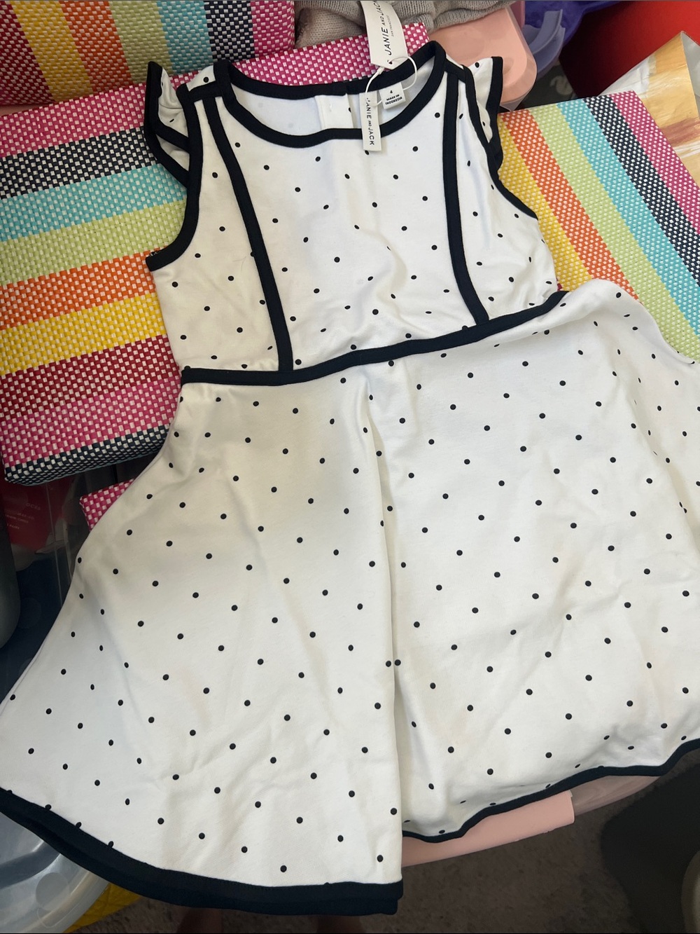 Janie and Jack White Dress with Black Polka Dots and Black Trim